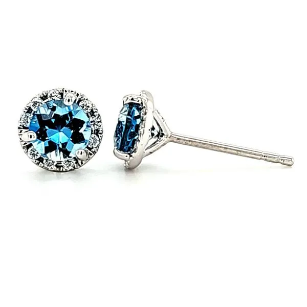 14K White Gold Aquamarine and Diamond Halo Stud Earrings Image 2 Quality Gem LLC Bethel, CT
