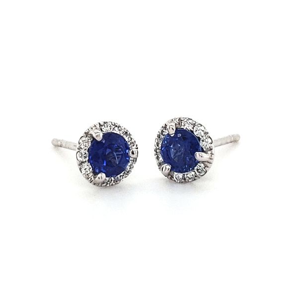 14K White Gold Ceylon Sapphire & Diamond Halo Stud Earrings Image 2 Quality Gem LLC Bethel, CT