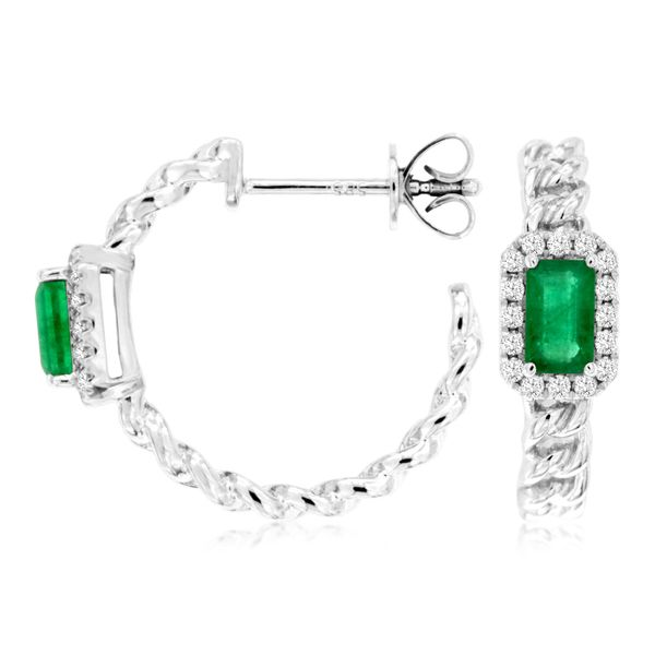 14K White Gold Emerald and Diamond C Hoop Earrings Quality Gem LLC Bethel, CT