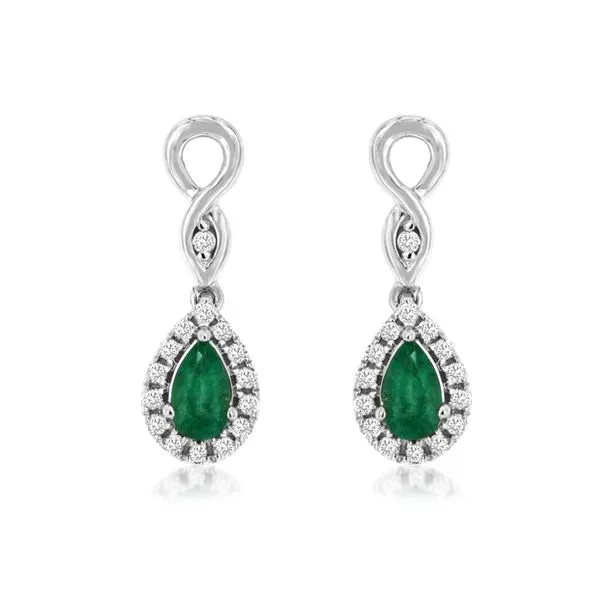 14K White Gold Emerald and Diamond Pear Halo Dangle Earrings Quality Gem LLC Bethel, CT