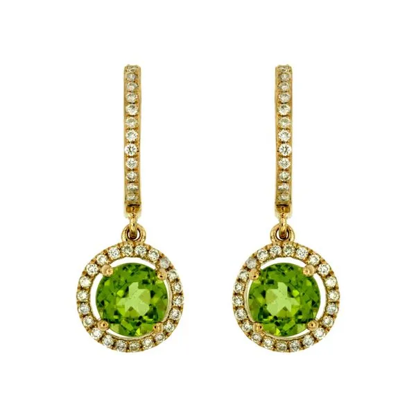 14K Yellow Gold Peridot and Diamond Dangle Halo Hoop Earrings Quality Gem LLC Bethel, CT