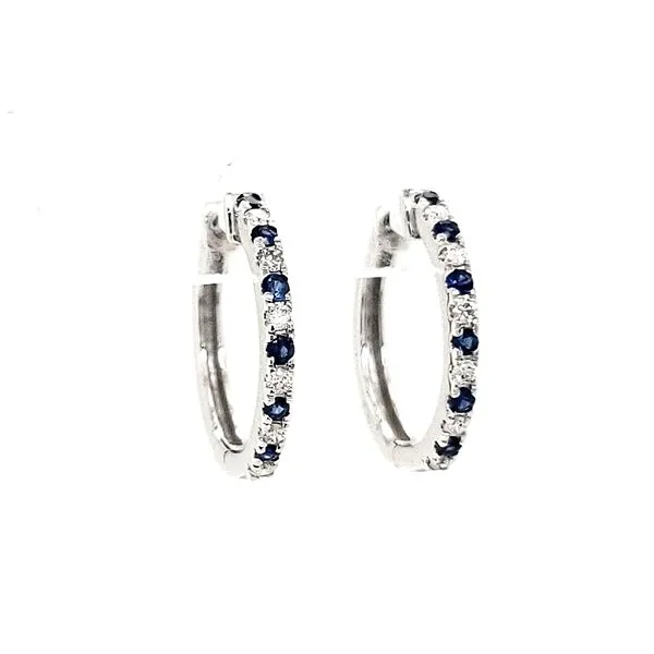 14K White Gold Sapphire and Diamond Huggie Hoop Earrings Quality Gem LLC Bethel, CT