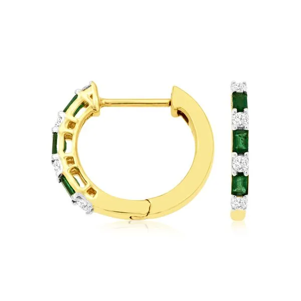 14K Yellow Gold Emerald and Diamond Huggie Hoop Earrings Quality Gem LLC Bethel, CT