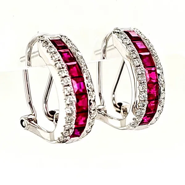 14K White Gold Ruby and Diamond Omega Back Earrings Image 2 Quality Gem LLC Bethel, CT