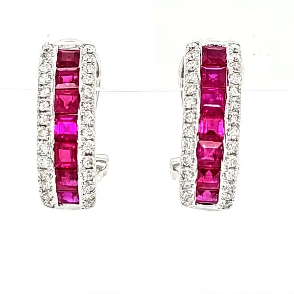 14K White Gold Ruby and Diamond Omega Back Earrings Quality Gem LLC Bethel, CT