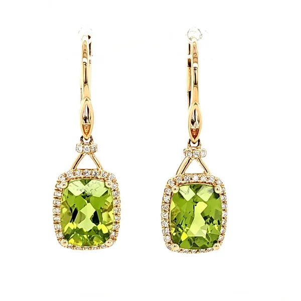 14K Yellow Gold Peridot and Diamond Rectangular Cushion Halo Leverback Earrings Quality Gem LLC Bethel, CT