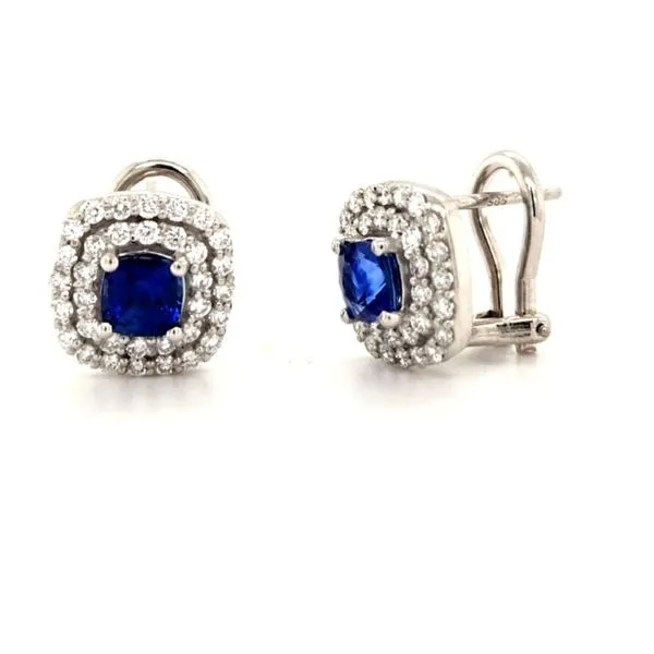 14K White Gold Double Diamond Halo and Cushion Cut Blue Sapphire Omega Back Earrings Quality Gem LLC Bethel, CT