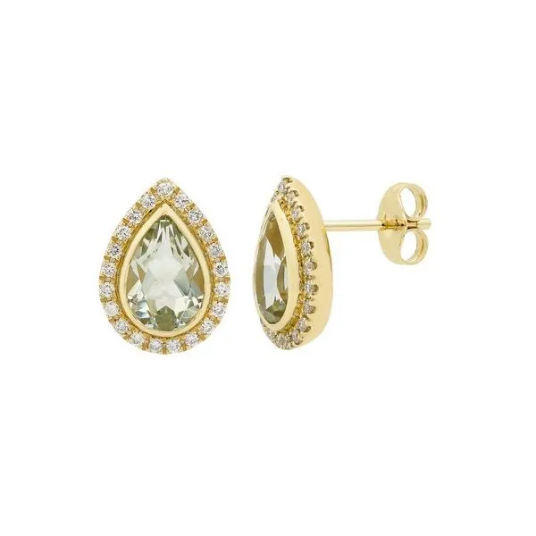 14K Yellow Gold Green Quartz and Diamond Pear Halo Earrings Quality Gem LLC Bethel, CT