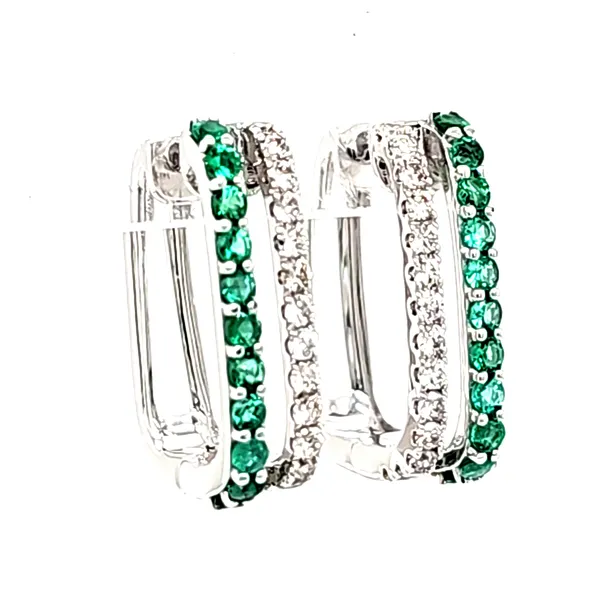 14K White Gold Emerald and Diamond 2 Row Rectangular Hoop Earrings Image 2 Quality Gem LLC Bethel, CT