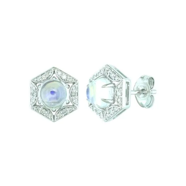 14K White Gold Moonstone and Diamond Hexagon Halo Earrings Quality Gem LLC Bethel, CT