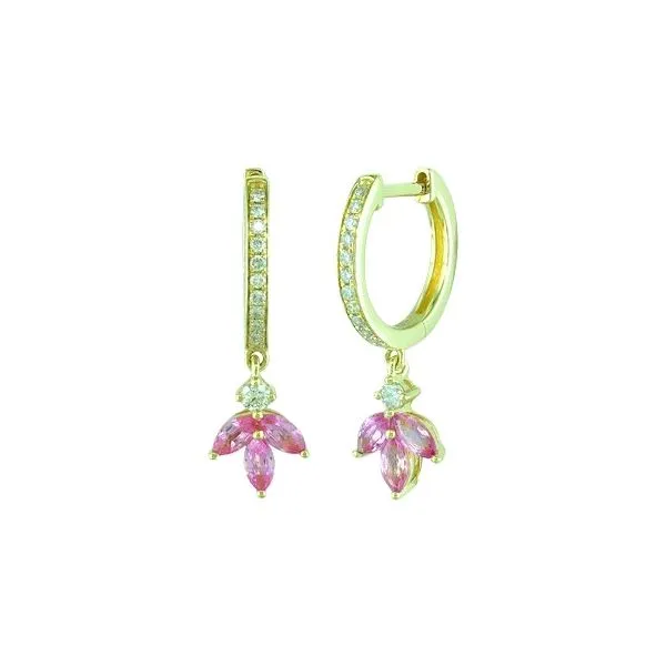14K Yellow Gold Pink Sapphire and Diamond Hoop Dangle Earrings Quality Gem LLC Bethel, CT