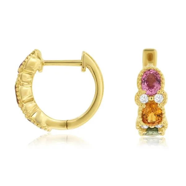 14K Yellow Gold Multi Colored Sapphire and Diamond Hoop Earrings Quality Gem LLC Bethel, CT