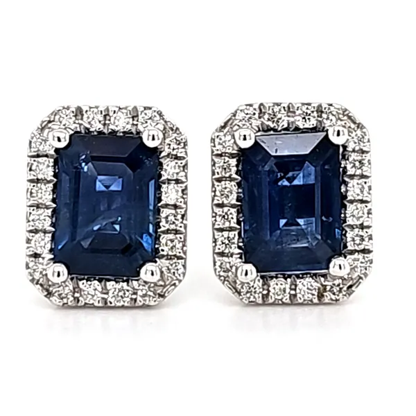 14K White Gold Sapphire and Diamond Rectangular Halo Earrings Image 2 Quality Gem LLC Bethel, CT