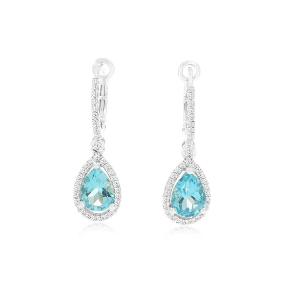 14K White Gold Blue Topaz and Diamond Hoops with Pear Halo Dangle Quality Gem LLC Bethel, CT