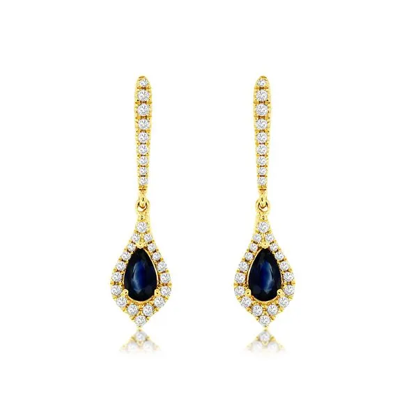14K Yellow Gold Sapphire and Diamond Bar Earring with Pointed Pear Halo Dangle Quality Gem LLC Bethel, CT