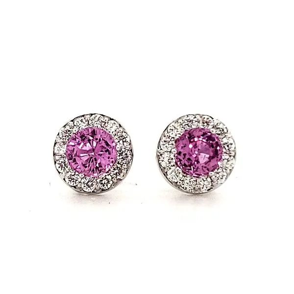 14K White Gold Pink Sapphire and Diamond Halo Stud Earrings Image 2 Quality Gem LLC Bethel, CT
