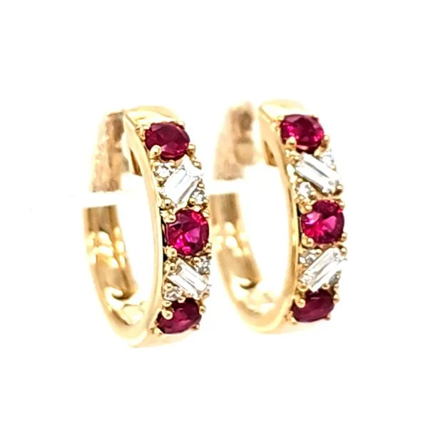 14K Yellow Gold Ruby and Diamond Huggie Hoop Earrings Quality Gem LLC Bethel, CT