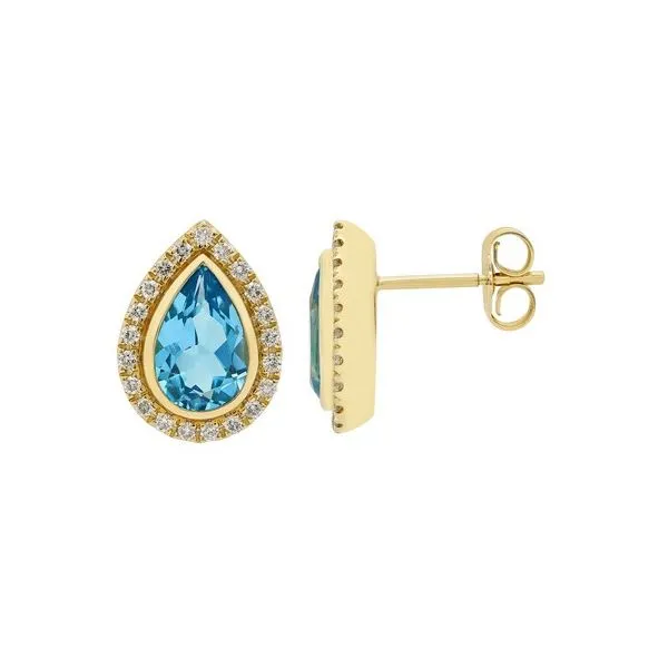 14K Yellow Gold Blue Topaz and Diamond Pear Halo Earrings Quality Gem LLC Bethel, CT