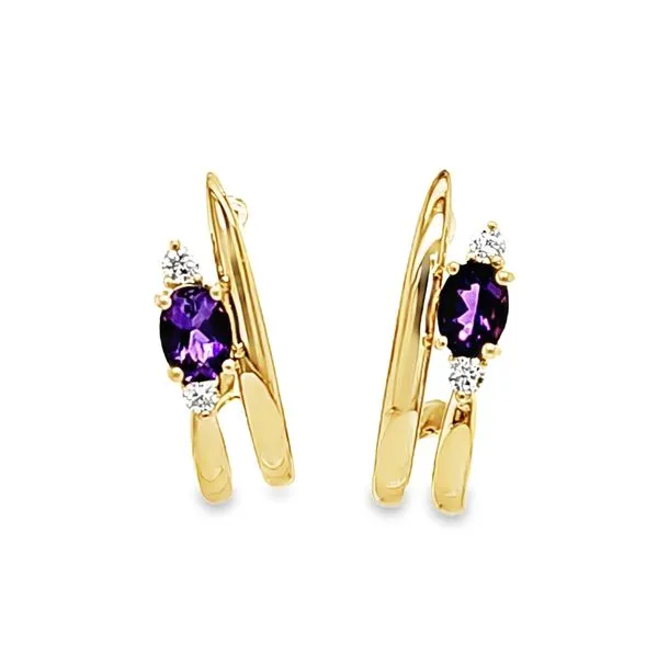14K Yellow Gold Amethyst and Diamond J Hoop Earrings Quality Gem LLC Bethel, CT