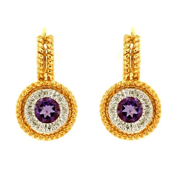 14K Yellow Gold Amethyst and Diamond Leverback Earrings Quality Gem LLC Bethel, CT