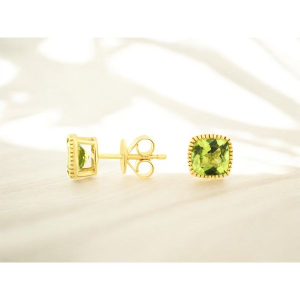14K Yellow Gold Cushion Peridot Beaded Bezel Stud Earrings Image 2 Quality Gem LLC Bethel, CT