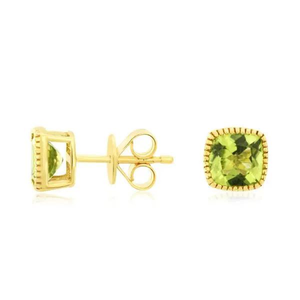 14K Yellow Gold Cushion Peridot Beaded Bezel Stud Earrings Quality Gem LLC Bethel, CT