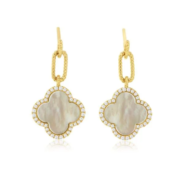 14K Yellow Gold Mother of Pearl and Diamond Quatrefoil Dangle Earrings Quality Gem LLC Bethel, CT
