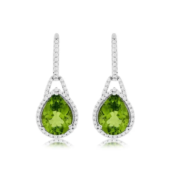 14K White Gold Peridot and Diamond Hoops with Halo Dangle Earrings Quality Gem LLC Bethel, CT