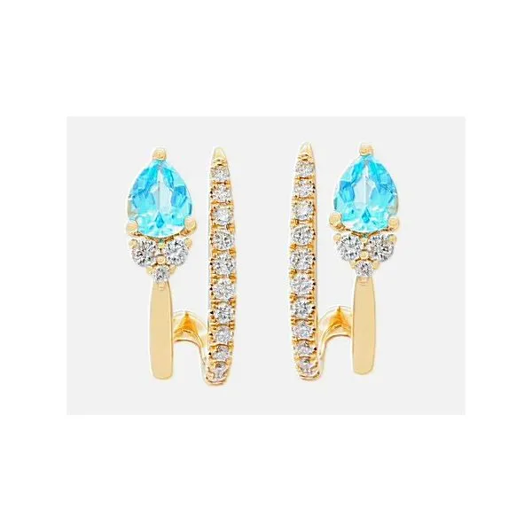 14K Yellow Gold Blue Topaz and Diamond J Hoop Earrings Quality Gem LLC Bethel, CT