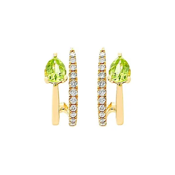 14K yellow Gold Side by Side Peridot and Diamond J Hoop Earrings Quality Gem LLC Bethel, CT