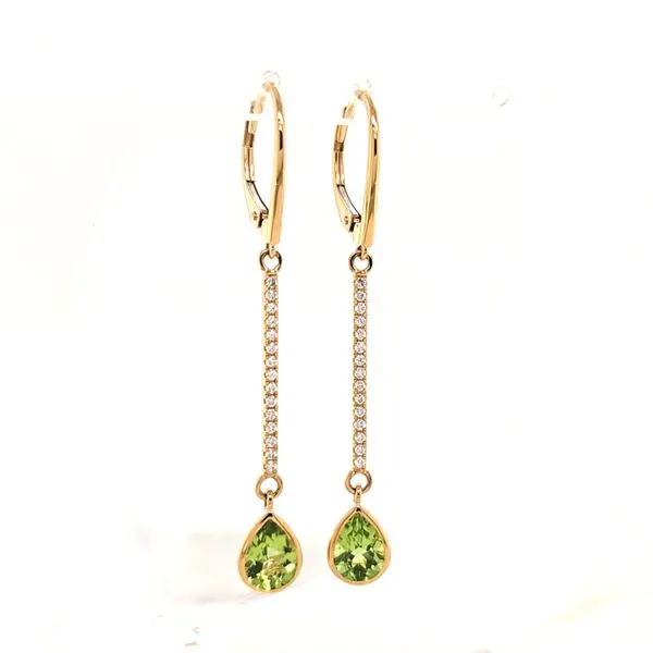 14K Yellow Gold Peridot and Diamond Leverback Bar Dangle Earrings Quality Gem LLC Bethel, CT