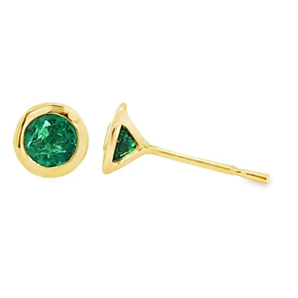 18K Yellow Gold Martini Bezel Emerald Stud Earrings Image 2 Quality Gem LLC Bethel, CT