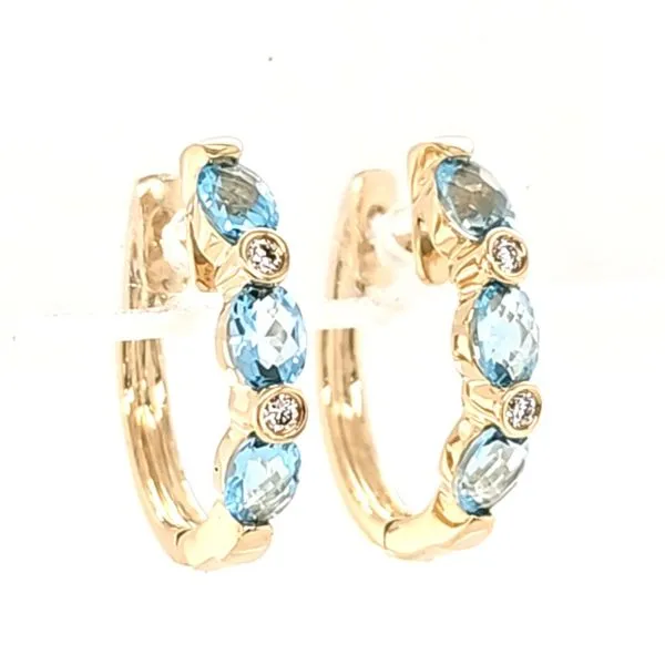 14K Yellow Gold Blue Topaz and Diamond Oval Hoop Earrings Quality Gem LLC Bethel, CT