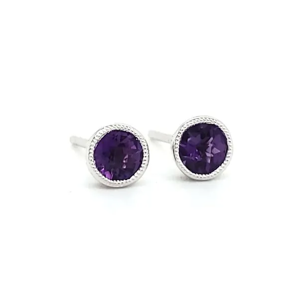 14K White Gold Milgrain Bezel Amethyst Stud Earrings Image 2 Quality Gem LLC Bethel, CT