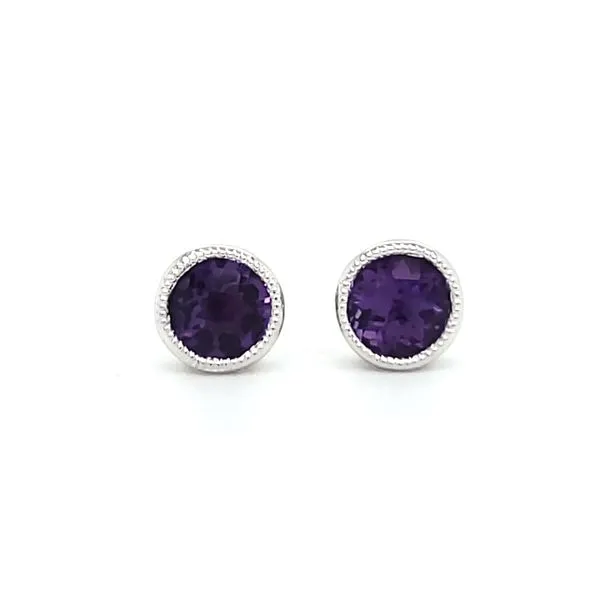 14K White Gold Milgrain Bezel Amethyst Stud Earrings Image 3 Quality Gem LLC Bethel, CT