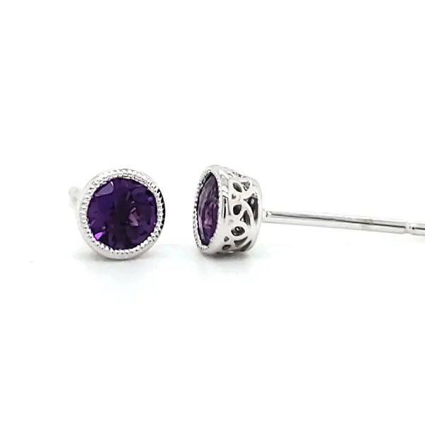 14K White Gold Milgrain Bezel Amethyst Stud Earrings Image 4 Quality Gem LLC Bethel, CT