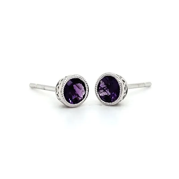 14K White Gold Milgrain Bezel Amethyst Stud Earrings Quality Gem LLC Bethel, CT