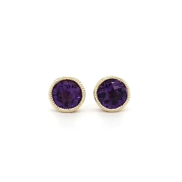 14K Yellow Gold Milgrain Bezel Amethyst Stud Earrings Image 2 Quality Gem LLC Bethel, CT