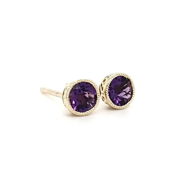 14K Yellow Gold Milgrain Bezel Amethyst Stud Earrings Image 3 Quality Gem LLC Bethel, CT