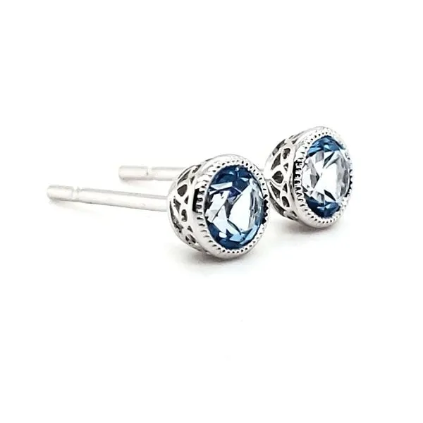 14K White Gold Blue Topaz Milgrain Bezel Stud Earrings Image 2 Quality Gem LLC Bethel, CT