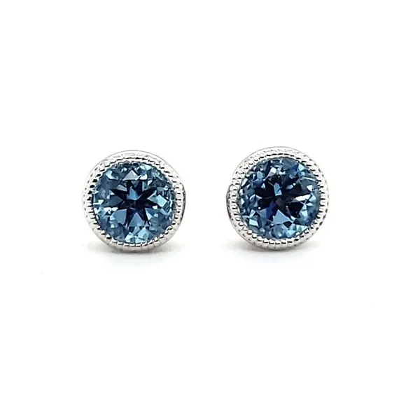14K White Gold Blue Topaz Milgrain Bezel Stud Earrings Quality Gem LLC Bethel, CT