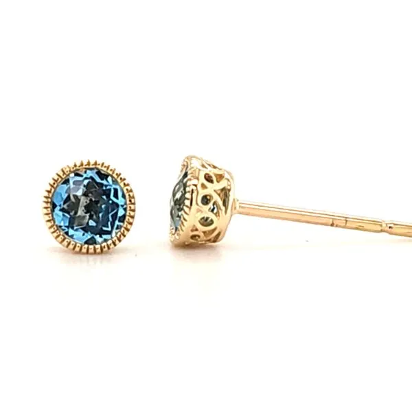 14K Yellow Gold Blue Topaz Milgrain Bezel Stud Earrings Image 2 Quality Gem LLC Bethel, CT