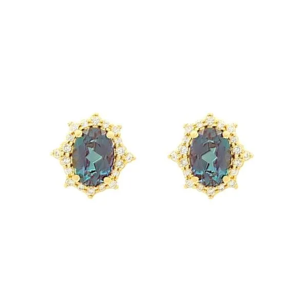 14K Yellow Gold Created Alexandrite and Diamond Burst Halo Earrings Quality Gem LLC Bethel, CT