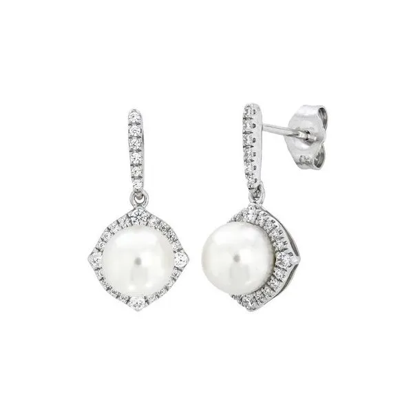 14K White Gold Pearl and Diamond Dangle Earrings Quality Gem LLC Bethel, CT