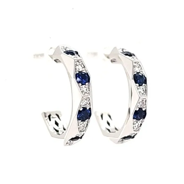 14K White Gold Sapphire and Diamond Faceted C Hoop Earrings Quality Gem LLC Bethel, CT