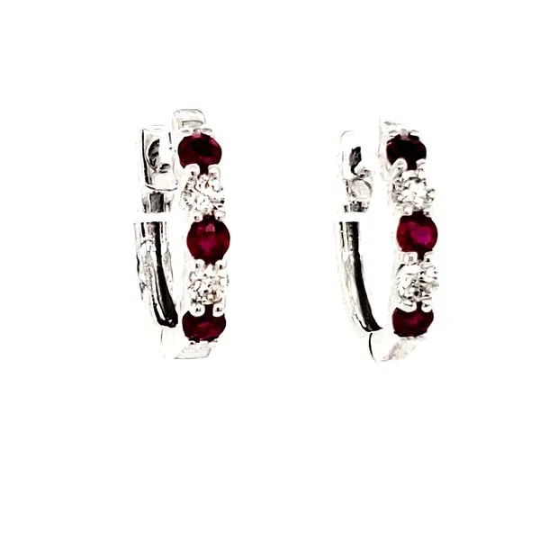 14K White Gold Ruby and Diamond Huggie Hoop Earrings Quality Gem LLC Bethel, CT