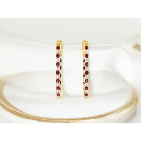 14K Yellow Gold Ruby and Diamond Inside Outside Oval Hoop Earrings Image 2 Quality Gem LLC Bethel, CT