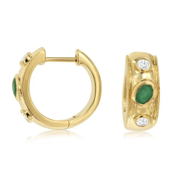 14K Yellow Gold Emerald and Diamond Bezel Huggie Hoop Earrings Quality Gem LLC Bethel, CT