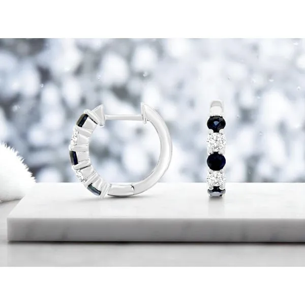 14K White Gold Sapphire and Diamond Huggie Hoop Earrings Image 2 Quality Gem LLC Bethel, CT