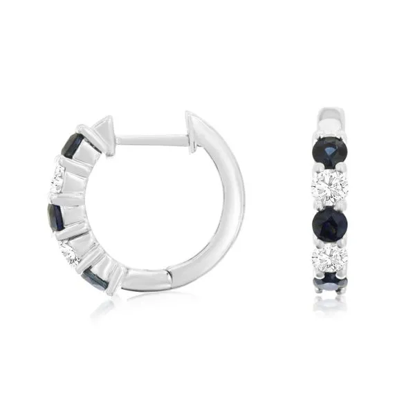 14K White Gold Sapphire and Diamond Huggie Hoop Earrings Quality Gem LLC Bethel, CT